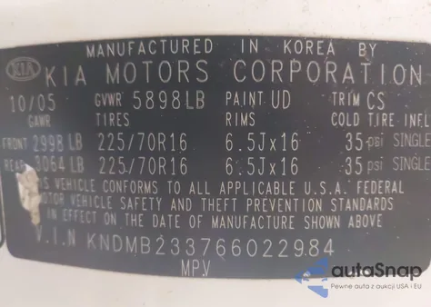 2006 Kia Sedona Ex/Lx из США, поврежденный, VIN KNDMB233766022984